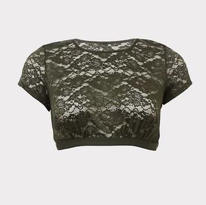 Torrid Olive Green Lace Short Sleeve Crop Top